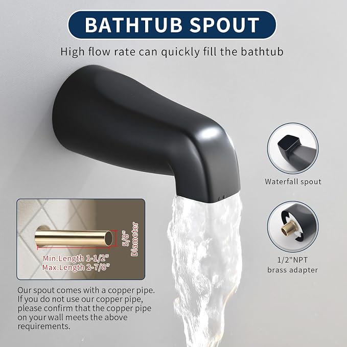 3 Handles Shower Faucet Set with Tub Spout Bathtub Shower Faucet Combo Set Shower Systems Complete Tub and Shower Trim Kit Matte Black…