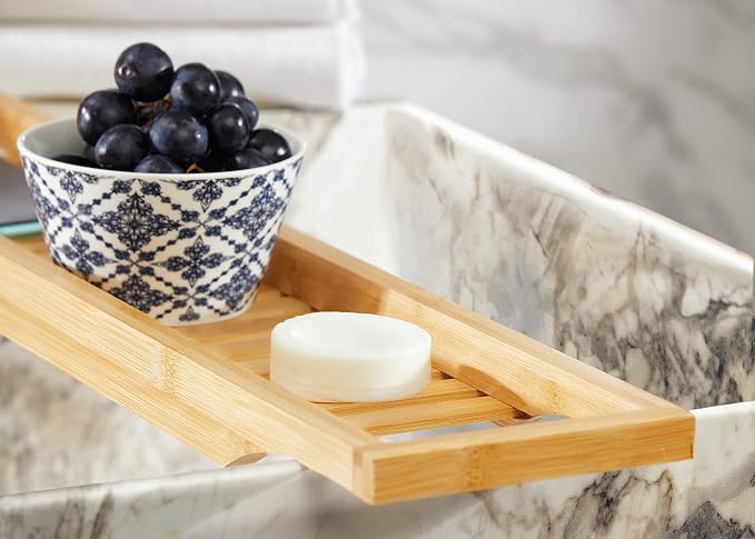 RoyalHouse Bamboo Bath Caddy Tray for Bathtub, Bath Table Tray with Book and Wine Glass Holder, Attractive Design, Suitable for Luxury Spa or Reading, Ideal Gift for Family & Friends