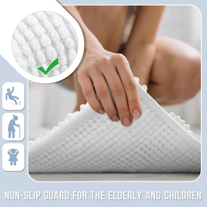 Yimobra Bathroom Rug Mat 47 x 24, Non Slip and Super Absorbent Bath Mat,Machine Washable Quick Dry,Ultra Plush Chenille Shower Rugs for Bathroom Floor Sink Tub and Shower Outside,White