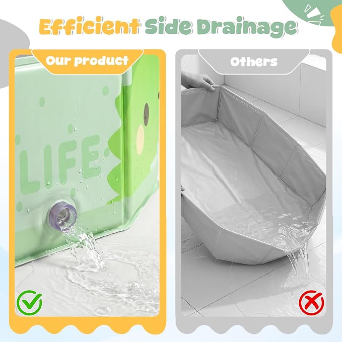 Orzbow Collapsible Baby Bathtub with Temperature Sticker, Portable Toddler Bathtub with Side Drain Plug, Travel Baby Bath Tub for 6 Months+, Easy to Clean, Stable & Durable, Folds to Store, Green