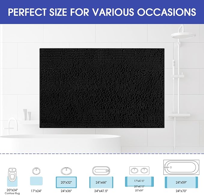 ACCUMTEK Striped Black Bathroom Rug Mat 36"x24" Ultra Soft, Non Slip Chenille Bath Rugs, Absorbent Plush Shaggy Bath Mats for Bathroom, Bedroom, Kitchen, Shower, Tub