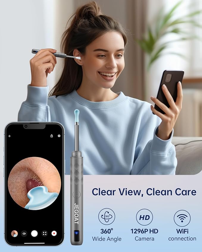 Jegoat Ear Wax Removal, Ear Wax Removal Tool Camera with 1296P HD Camera and 6 LED Lights, Ear Cleaner with 10 Ear Pick, Upgraded Ear Wax Removal Kit for iOS and Android, Gray