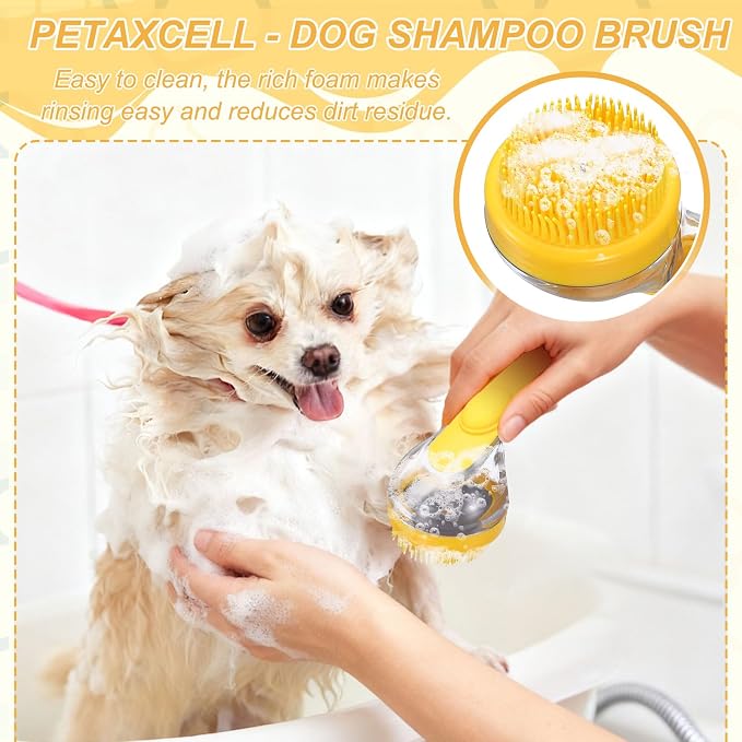 Pet Bath Brush, Dog Shampoo Brush New 2 in 1 Grooming Massage Scrubber Bubble Maker with Ring Built-in Shampoo Dispenser(Fine Bristled,Yellow), for Long Short Hair Cats Shower