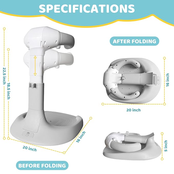 4our Kiddies Foldable Baby Shower Standing Support for Toddlers & Infants 8-36 Months, No Setup Anti-Slip Bath Stand Holder, Adjustable Height, Portable Travel & Storage, Easy Clean, Grey
