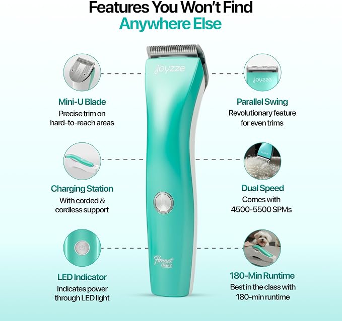 Hornet Mini Trimmer - Compact and Portable Pet Trimming Clippers for Grooming - Low Noise, Rechargeable Cordless Dog Hair Grooming Clippers - Teal