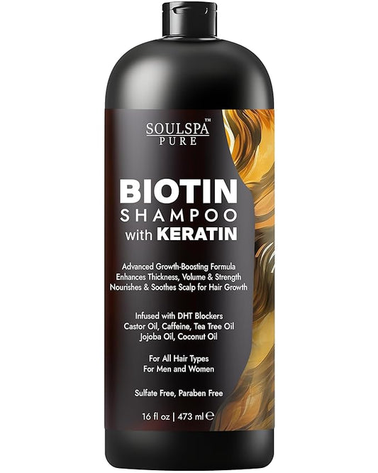 SOULSPA PURE Biotin Shampoo with Keratin - Advanced Anti-Thinning, Hair Growth & Repair Formula - Soothes Scalp, with Tea Tree Oil & DHT Blockers - Strong, Healthy Hair for Men & Women - 16 fl oz