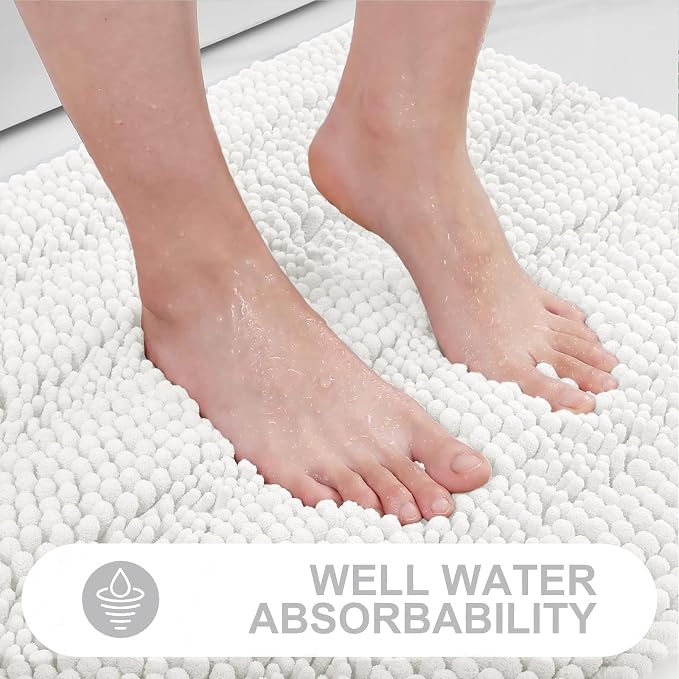 Grandaily Chenille Striped Bathroom Rugs 24x16, Extra Thick and Absorbent Bath Mats, Non-Slip Soft Plush Shaggy Shower Carpet, Machine Wash Dry, Bath Rug for Bathroom, (Small, Ivory)
