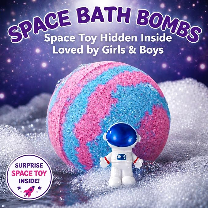 EvolutionUSA 1 Space Bath Bomb for Boys & Girls - Planet Bath Ball with Toy Hidden Inside, Organic Hypoallerganic Space Childrens Bathbomb, Cosmic Fun Bath Bomb Gift Set Birthday, Christmas, Easter