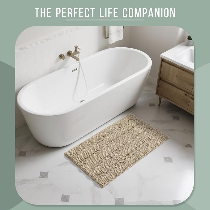 Yimobra Bathroom Rug Mat 36 x 24, Non Slip and Super Absorbent Bath Mat,Machine Washable Quick Dry,Ultra Plush Chenille Shower Rugs for Bathroom Floor Sink Tub and Shower Outside,Camel