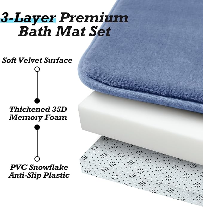 HUXMEYSON Bathroom Rugs Sets 3 Piece, Non-Slip & Quick Dry Bath Mat Set, Ultra Soft Velvet Bath Rugs for Bathroom, Toilet and Shower Floor, Dusty Blue