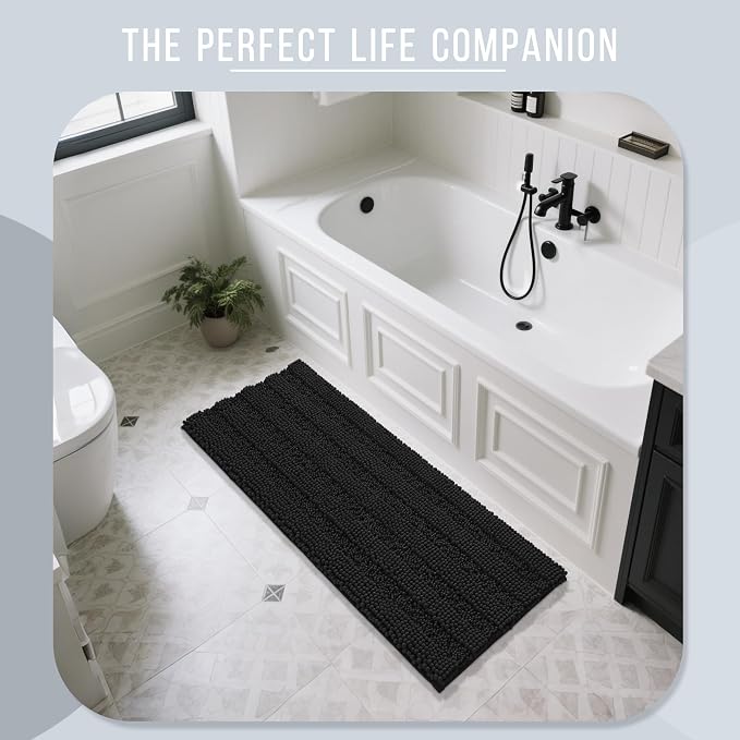 Yimobra Bathroom Runner Rugs 55"x24", Non Slip and Absorbent Bath Mat, Super Soft Water Absorbent Hallway Carpet, Machine Washable Rug for Vanity Tub Shower, Black