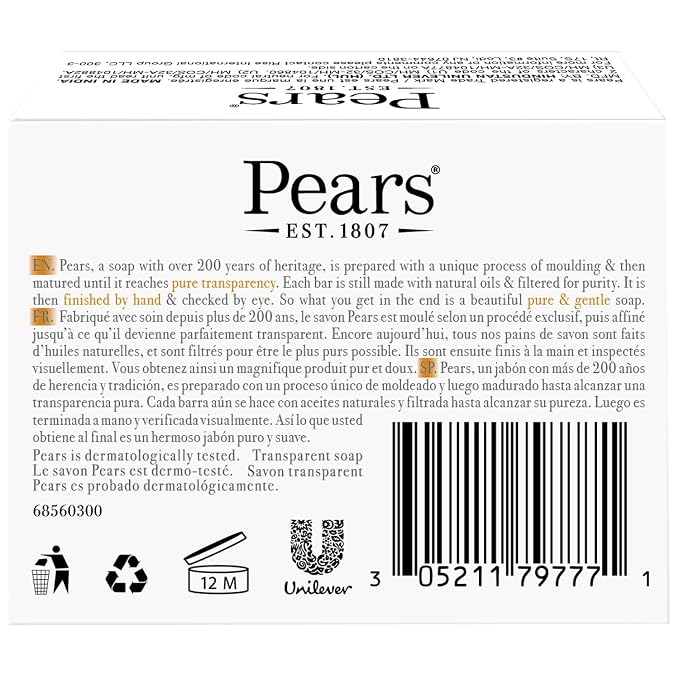 Pears Soap, Pure & Gentle with Natural Oils, 3-Pack – Transparent Amber Glycerin Soap for Pampered, Glowing Skin, 3.53 Oz Ea