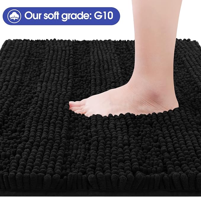 ACCUMTEK Striped Black Bathroom Rug Mat Set 2 piece 24"x17"+48"x20" Ultra Soft, Non Slip Chenille Bath Rugs, Absorbent Plush Shaggy Bath Mats for Bathroom, Bedroom, Kitchen, Shower, Tub