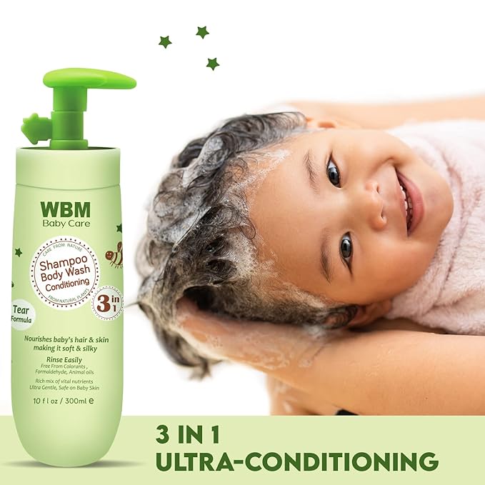 WBM Baby Care 3-in-1 Baby Shampoo, Body Wash & Conditioner, Care From Nature,100% Plant-Based, No Tear Formula, Safe on Babies Skin, Kids Shampoo 300 ml/ 10 fl. Oz