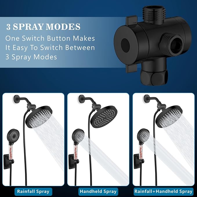 Voolan High Pressure Rain Shower Head with Handheld Spray Combo, Hand Held Filter Showerhead with Self-adhesive Holder and 59" Hose ((Round, Matte Black)