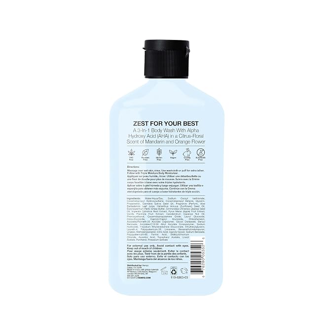 Hempz Triple Moisture Body Wash - Grapefruit & Peach - Hydrating for Sensitive Skin, Scented, Exfoliating with Shea Butter, Pure Hemp Seed Oil, and Algae for Sensitive Skin - 17 fl oz