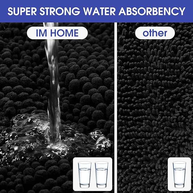 ACCUMTEK Striped Black Toilet Bathroom Rug Mat Set 2 piece Rug Ultra Soft, Non Slip Chenille Bath Rugs, Absorbent Plush Shaggy Bath Mats for Bathroom, Bedroom, Kitchen, Shower, Tub