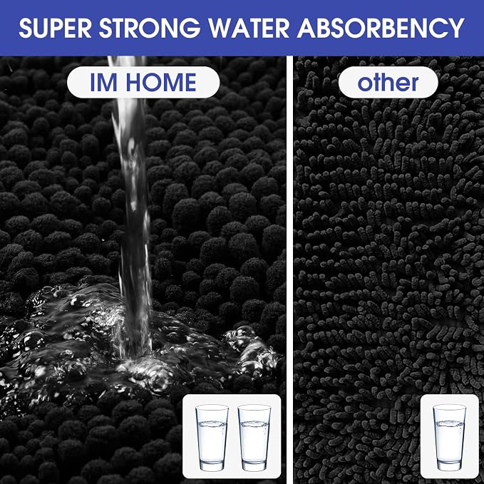 ACCUMTEK Striped Black Bathroom Rug Mat Set 2 piece 32"x20"+60"x20" Ultra Soft, Non Slip Chenille Bath Rugs, Absorbent Plush Shaggy Bath Mats for Bathroom, Bedroom, Kitchen, Shower, Tub