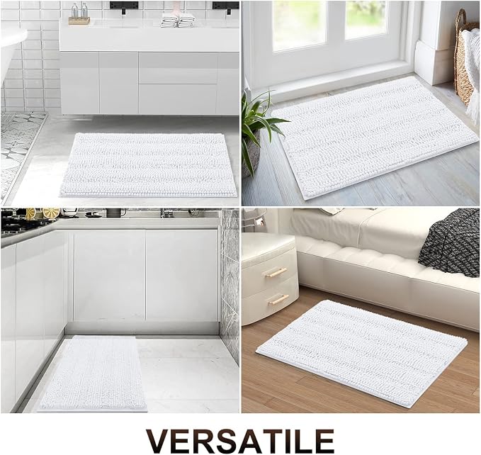 Grandaily Chenille Striped Bathroom Rugs 59x35, Extra Thick and Absorbent Bath Mats, Non-Slip Soft Plush Shaggy Shower Carpet, Machine Wash Dry, Bath Rug for Bathroom, White