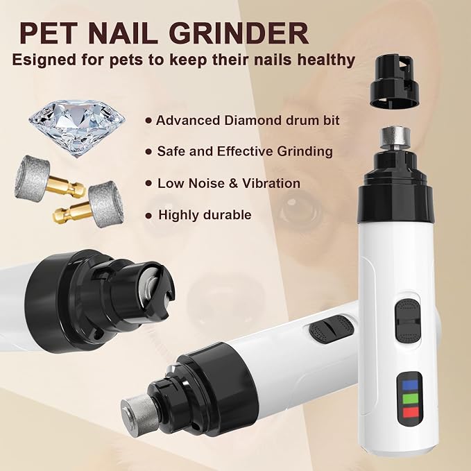 Upgraded Quiet Electric Dog Nail Grinder for Hard/Thick Pet Nails | Quiet and Low-Vibration Dog Nail Trimmers, 2-Speed, 3 Ports for Large Medium Small Pets, Safe & Stress Free Grooming Tool