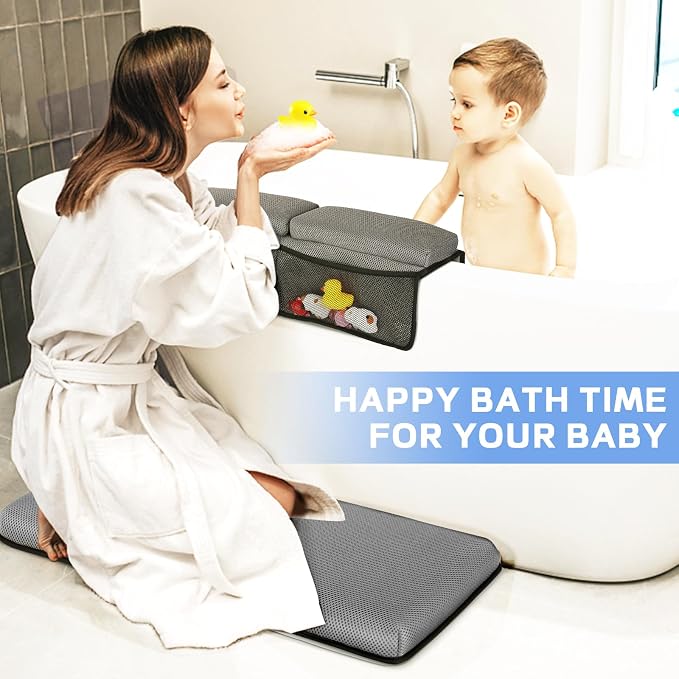 Baby Bath Kneeler and Elbow Rest Pad Set - Kneeler and Elbow Support with Memory Foam and Bath Toys Organizer