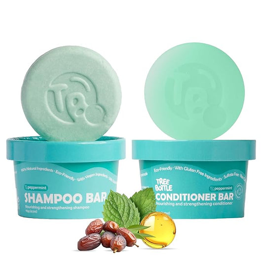 Tree Bottle Castor Oil Shampoo & Conditioner Bar Set Bundle – With Peppermint Essential Oils & Biotin – Nourishing, Volumizing & Strengthening – Plastic-Free, Frizz Control – 7.8oz