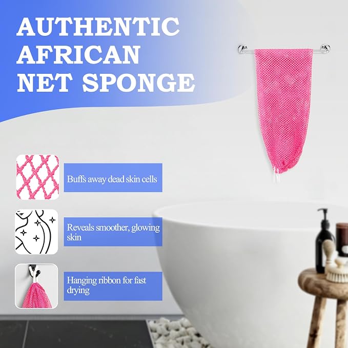 African Net Sponge - Deep Exfoliating Body Scrubber - Ultra Long African Net Sponge Reaches All Back Areas, Gently Buffs Away Dry Flaky Skin for a Renewed Feel, Home Spa Experience（Rose red）