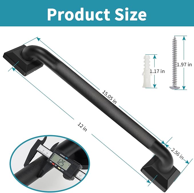Shower Grab Bars for Seniors, 12 Inch Square Matte Black Bathroom Handle for Wall, 304 Stainless Steel Anti Slip Bathtub Safety Bar, ADA Compliant 500 LBS Hand Rail for Elderly, Handicap