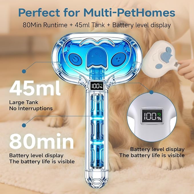 Pet Steam Brush for Dogs & Cats with Dual Cool Mist Spray | Cat Brush for Shedding, Self-Cleaning Grooming Tool, Hair Remover, Anti-Static, Skin-Safe for Long-Haired Dogs & Cats