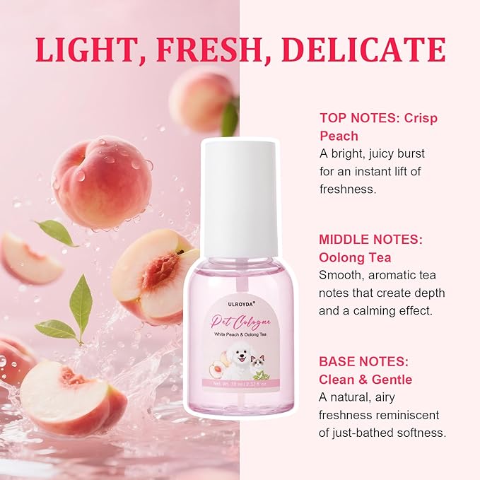 Premium Dog Cologne, Deodorant Perfume for Dogs and Cats, and Coat Spray, Long-lasting White Peach Oolong Scent, Keeps Dogs Fresh All Day, Suitable for Use Between Baths, 2.37 fl oz