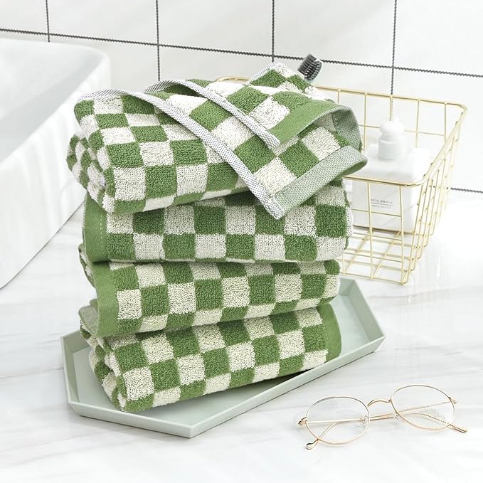 Jacquotha Green Hand Towels for Bathroom Set of 4 | Cute Checkered Bathroom Towels for Kitchen Decor, Lightweight for Bath Face Body