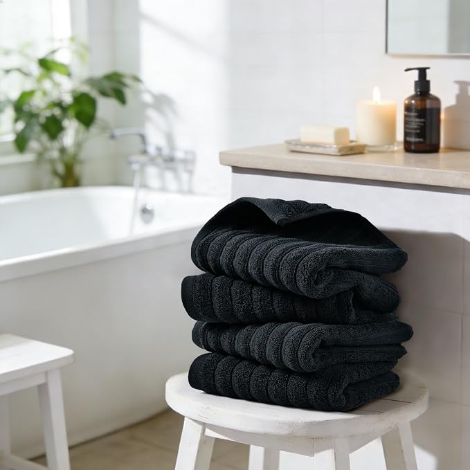 Jacquotha 4-Pack Bathroom Hand Towels (Black) Ribbed – Guest Room & Spa Premium Cotton Face Towels 13” x 29”, Soft and Quick Drying 480 GSM
