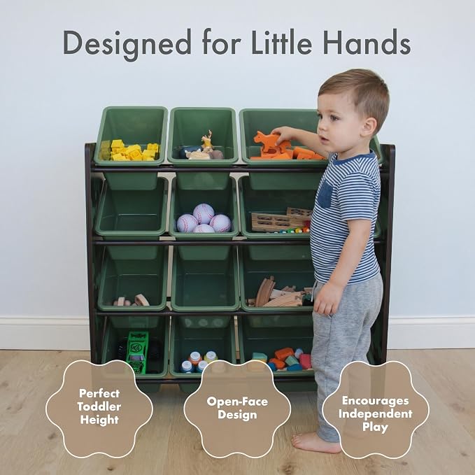 Humble Crew Toy Storage Organizer with 12 Removable Storage Bins for Kids Playroom, 4-Tier Toddler Toy Organization, Army Green Camo