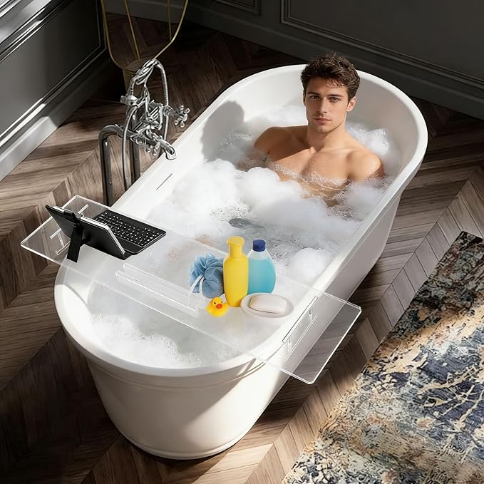 Bathtub Tray, Acrylic Tub Tray Shelf with Handles & Tablet Slots, Clear Bath Tub Caddy Rack with 11Lbs Capacity, for Home, Hotel, Homestay, SPA, Beauty Salon (39.4" x 9.5")
