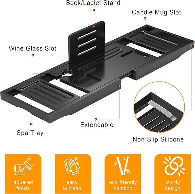 Bathtub Tray Caddy,Premium Bamboo Expandable Bath Tub Trays Table, Foldable Bathroom Accessories,Great House Warming, Anniversary and Birthday Gifts,Black