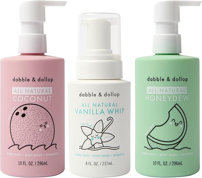 Dabble & Dollop Beachy Kids 3-in-1 Body Wash, Shampoo & Bubble Bath Variety Set – Coconut, Honeydew & Vanilla, Tear-Free, Gentle, Hypoallergenic and Safe for Sensitive Skin (Pack of 3)