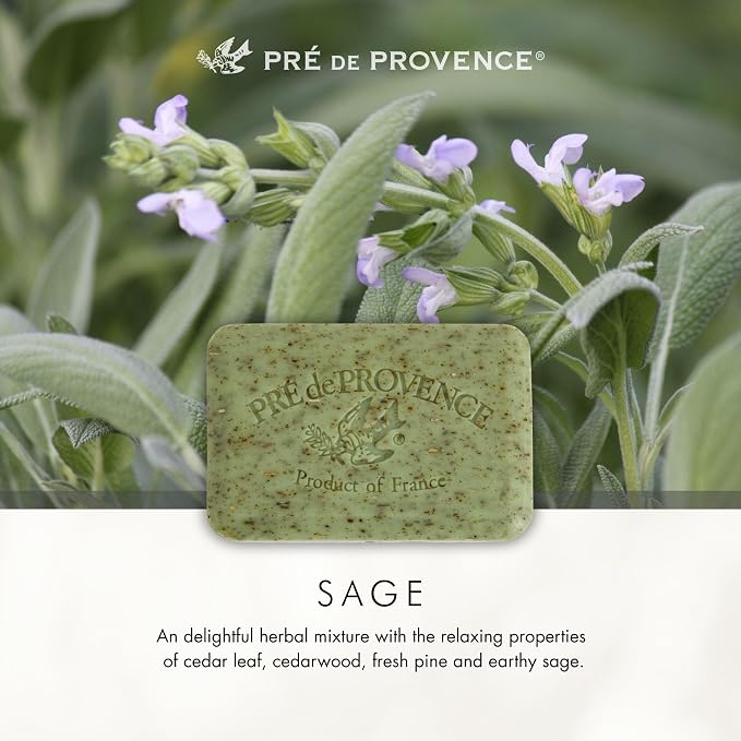 Pre de Provence Artisanal Soap Bar, Natural French Skincare, Enriched with Organic Shea Butter, Quad Milled for Rich, Smooth & Moisturizing Lather, Sage, 5.3 Ounce