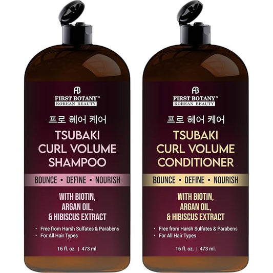 Curl Volume Shampoo & Conditioner Set – With Tsubaki, Biotin, Argan Oil & Hibiscus Extract – Bounce, Define & Nourish Curls – Sulfate Free, Paraben Free, For All Hair Types – 16 fl oz