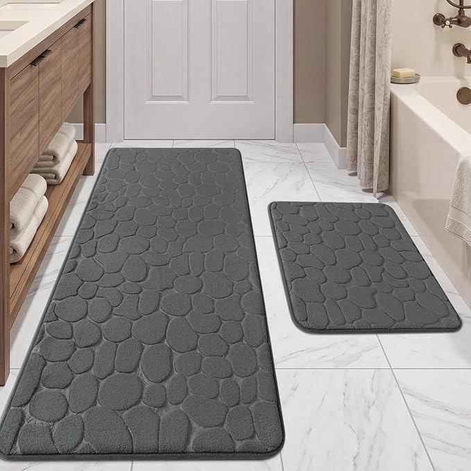 YIHOUSE Bathroom Rugs Mat Set, Memory Foam Bath Mat 2 Piece Dark Grey | 17x24&20x46, Non Slip, Water Absorbent, Washable, Bath Mat For Bathroom, Sink and Toilet