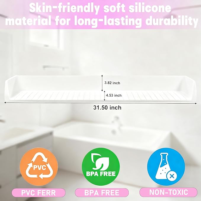Longer Bath Tub Splash Guard for Kids,Silicone Bath Toy Holder for Bathtub,Prevent Water Spills in Bathroom,Fun-Filled Bath Time for Toddlers Including Bath Brush and Toy Storage Bag (White)