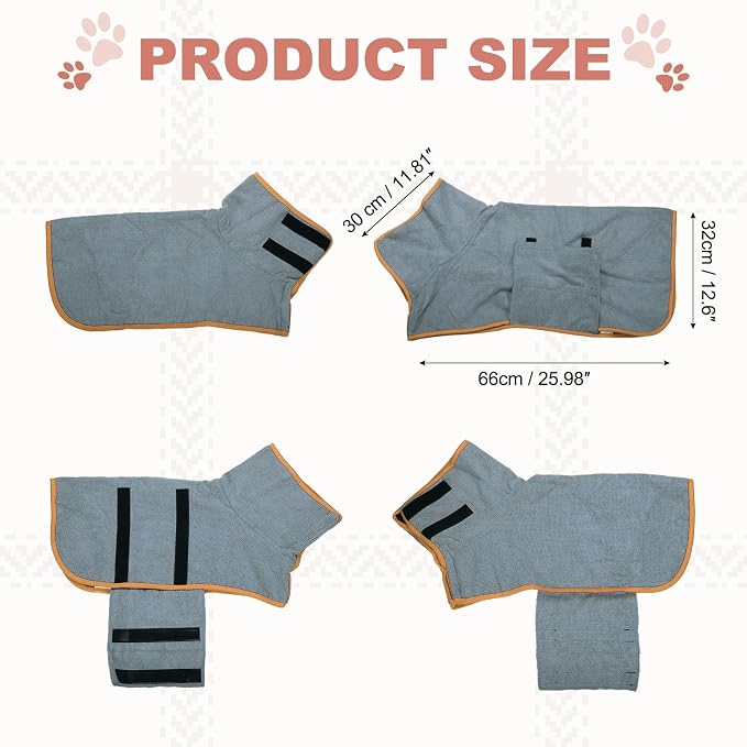 Dog Drying Coat, Dog Robes for After Bath Bathrobe Super Absorbent Towel Soft Adjustable, (M, Gray&Orange Trim), Intended for Fast Drying Warm Keeping Pet Cats Kitten Puppies