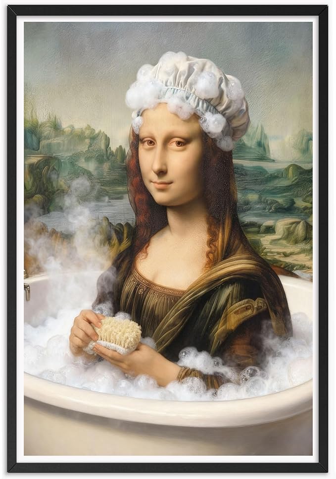 Whimsical Aesthetic Wall Prints – Funny Bathroom Playful Mona Lisa Bathing Art Posters for Home & Apartment Decor 8X12 in Unframed