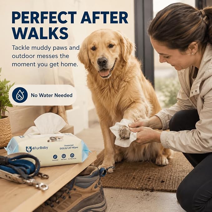 Dog Wipes for Paws and Butt, Unscented, 100 Count | 8" x 8" hypoallergenic, hydrating pet grooming wipes for dogs and cats, unscented for daily care