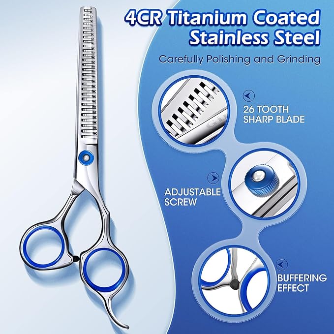 Gimars Professional 5 in 1 Grooming Scissors for Dogs 4CR with Safety Round Tip, Heavy Duty Titanium Coated Straight & Thinning & Curved Shears