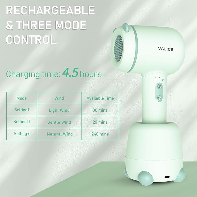 YALICE Cordless Hair Dryer for Baby and Kids, Portable Travel Blow Dryer with Gentle Airflow & Low Heat Ionic Care for Infant, 3 Speed Settings, Mini Rechargeable Hair Dryer with Charging Base (Green)