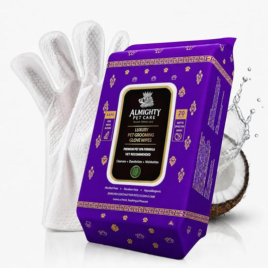 Premium Pet Grooming Glove Wipes for Dogs & Cats, 3X Thick No-Rinse Bathing Gloves, Hypoallergenic Deodorizing Paw & Body Cleaner, Natural Extracts to Hydrate & Nourish, 20 Count, Coconut Scent