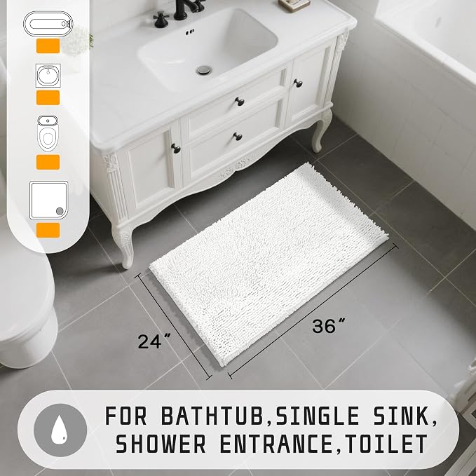 Yimobra Large Bathroom Rugs 36"x24", Non Slip Bath Mat for Tub, Shaggy Rug Floor Carpet, Extra Soft Super Absorbent Quick Dry, Machine Washable,White