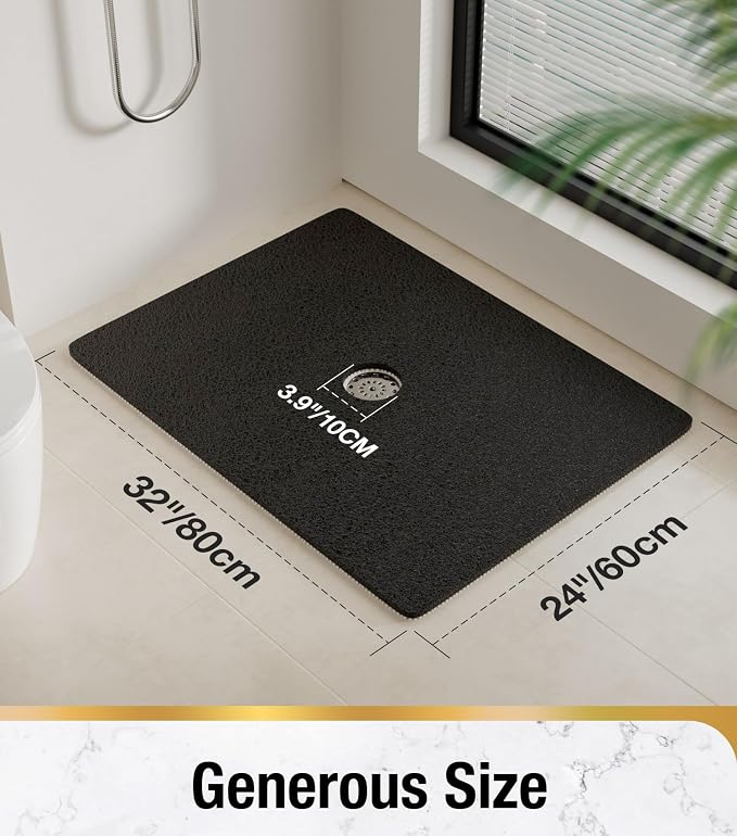 HITSLAM Shower Mat, 32 x 24 Inch Non Slip Bath Mat for Tub, Soft PVC Loofah Bathtub Mats with Drain Holes, Quick Drying Bathroom Stall Floor Mat, Bathroom Accessories Without Suction Cup, Black