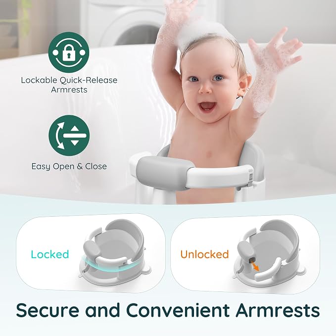 Baby Bath Seat for Babies Sitting Up, Non-Slip Baby Bath Chair with Strong Suction Cups, Lockable Armrest & High Back 360° Safety Support, Ideal for Active Toddlers 6-24 Months, Gray