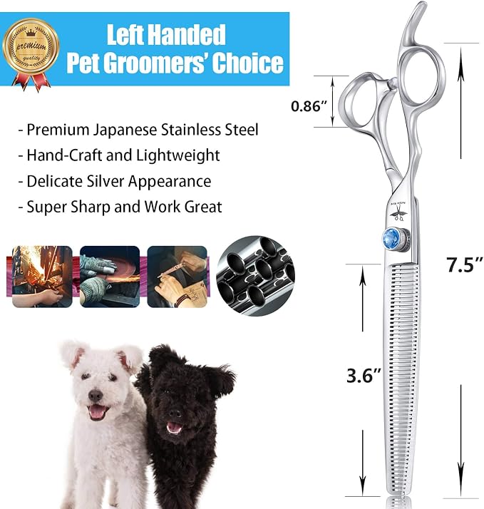 PURPLEBIRD 7.5 Inch Left Handed Straight Dog Grooming Scissors Professional Pet Thinning Texturizing Shears Safety Noiseless Blunt Tip Trimming Shearing for Dogs Cats Japanese Stainless Steel Silver